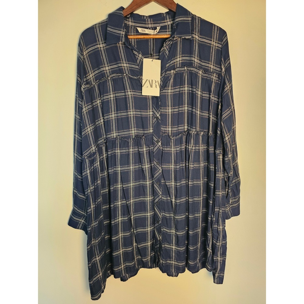 Dark Academia Zara Plaid Tunic Shirt Womens Large Navy Gold Metallic Tiered NEW